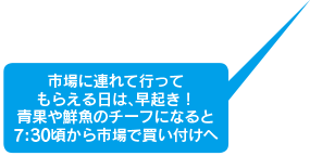 市場に連れて行ってもらえる日は早起き！青果や鮮魚のチーフになると7:30頃から市場で買い付けへ